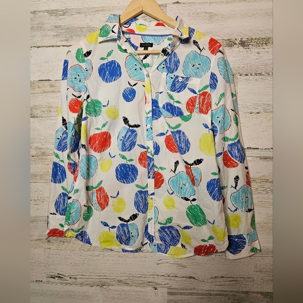 Talbots Colorful Apple Button Down Blouse Shirt Teacher Womens Small Cotton